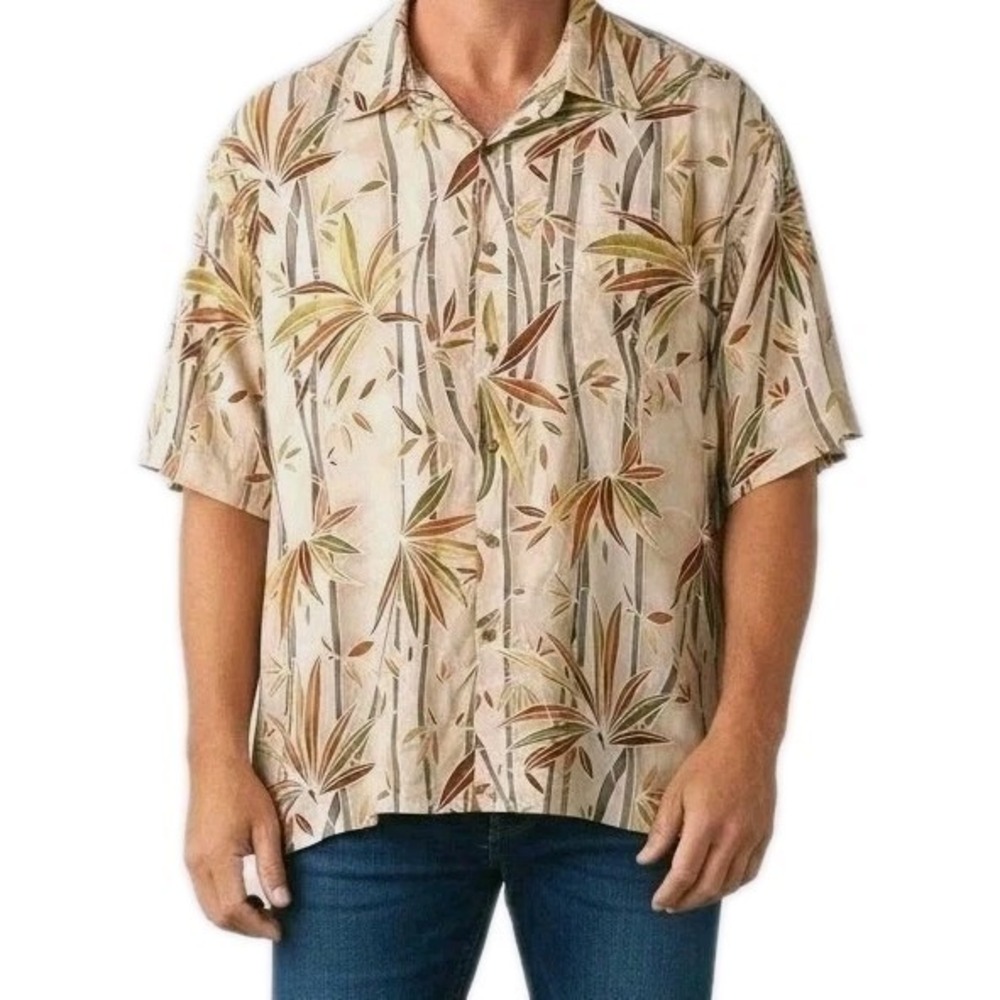 Bamboo Cay Hawaiian Shirt Sz XL Tan Neutral Cotton Short Sleeve Tropical Leaves